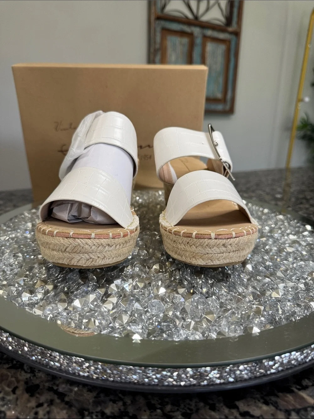 Vintage Havana Robin White Croc-Texture Espadrille Wedge Sandals Buckle NEW 7